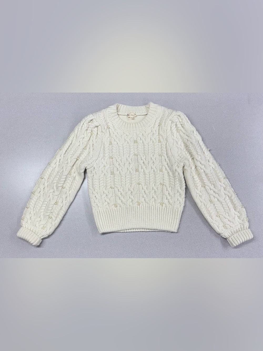 Hem & Thread Cream Cable Knit Heavyweight Sweater With Faux Pearl Accents